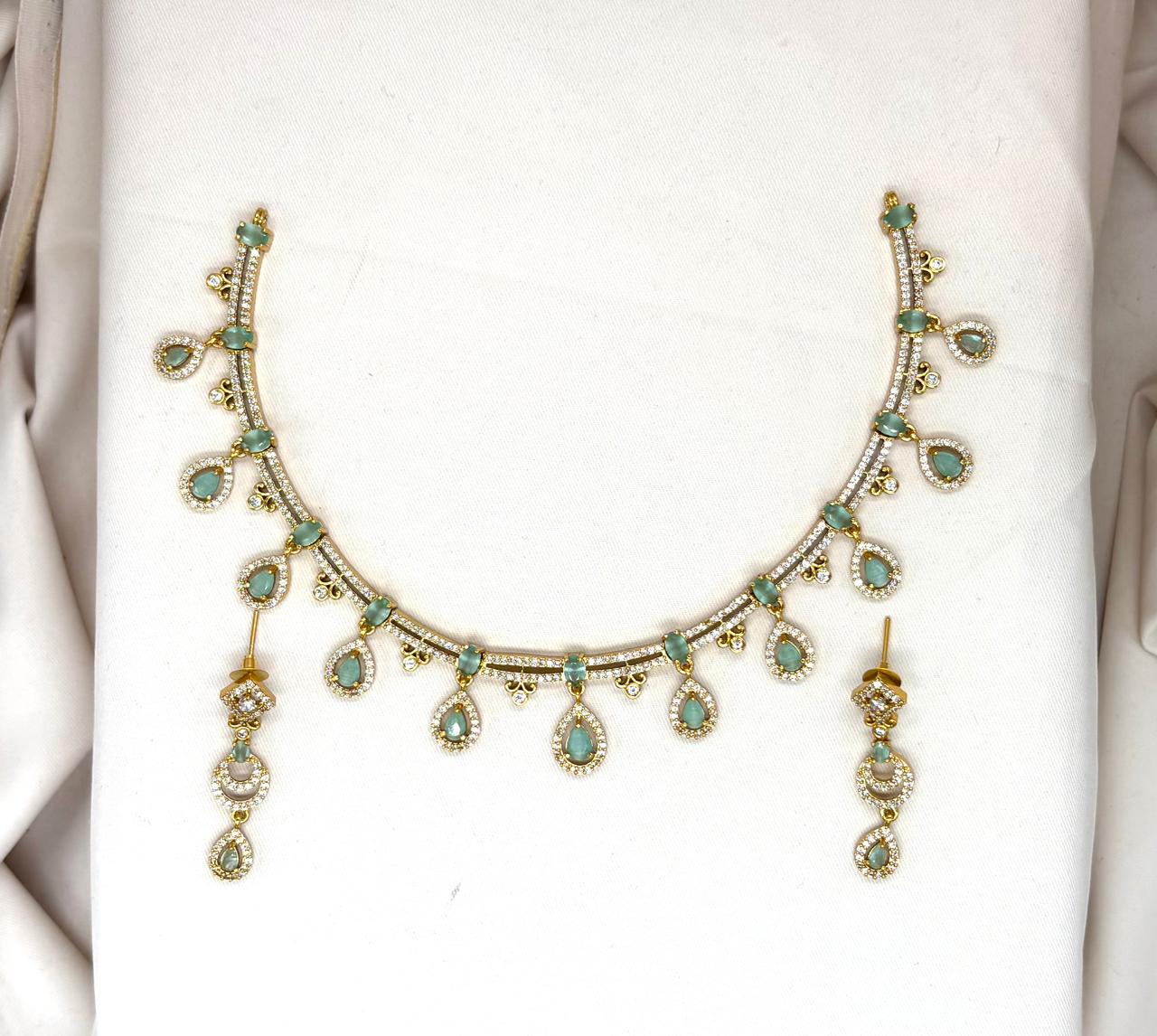 Matte finishing with Mint-Green stone's Short Necklace