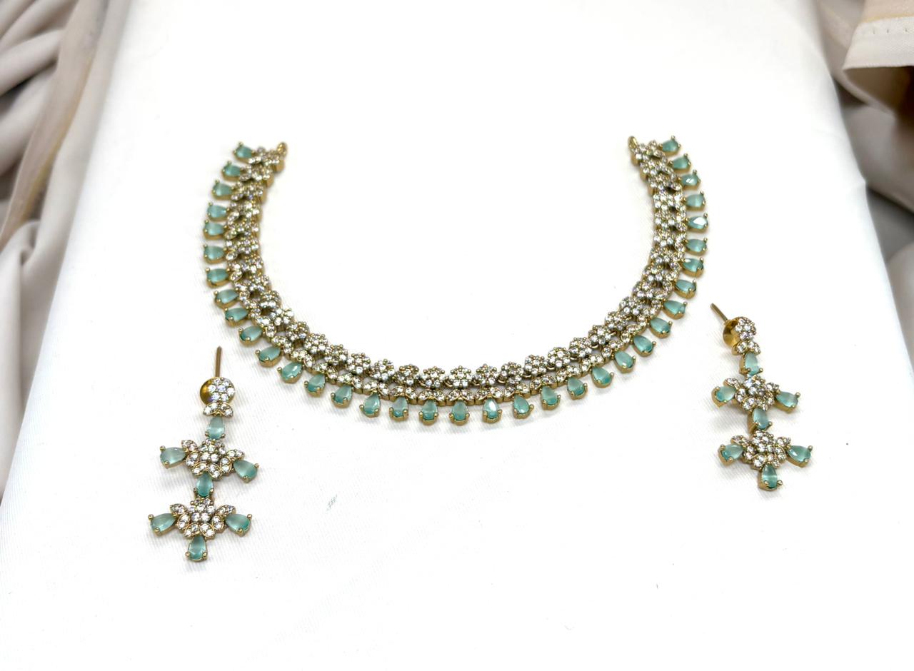 Victorian Short Necklace Designed With Mint-Green Stone's