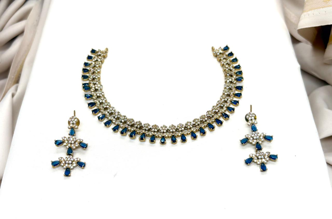 Victorian Short Necklace Designed With Blue Stone's