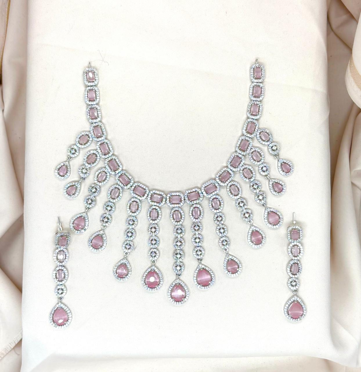 Silver Short Necklace with Baby-Pink Stone's