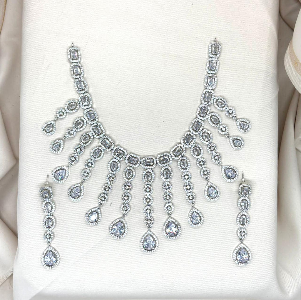 Silver Short Necklace with White Stone's
