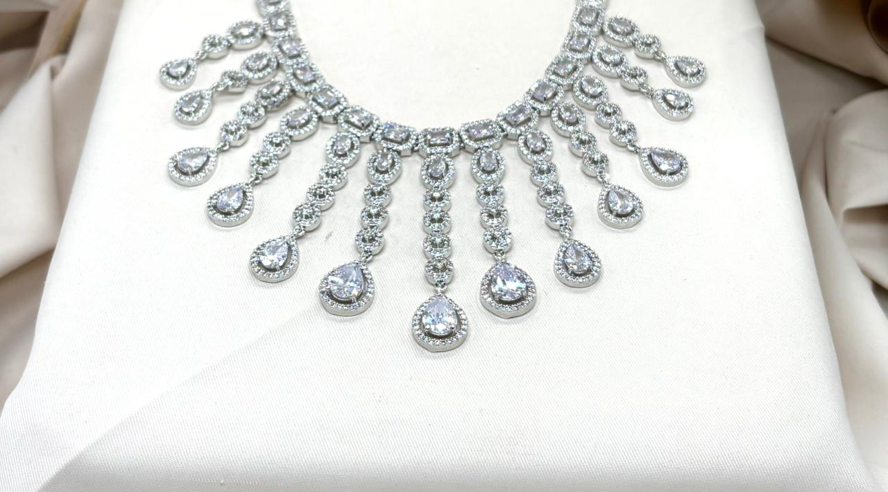 Silver Short Necklace with White Stone's