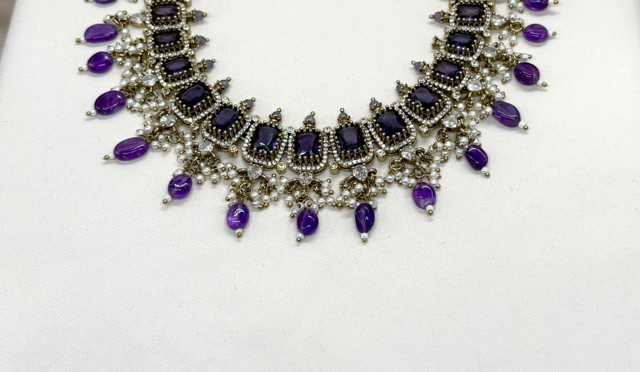 Victorian Short Necklace With Moissanite Purple stone