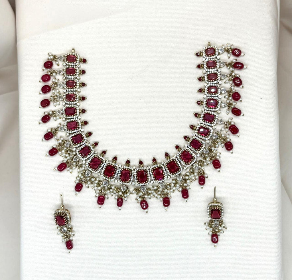 Victorian Short Necklace With Moissanite Red stone
