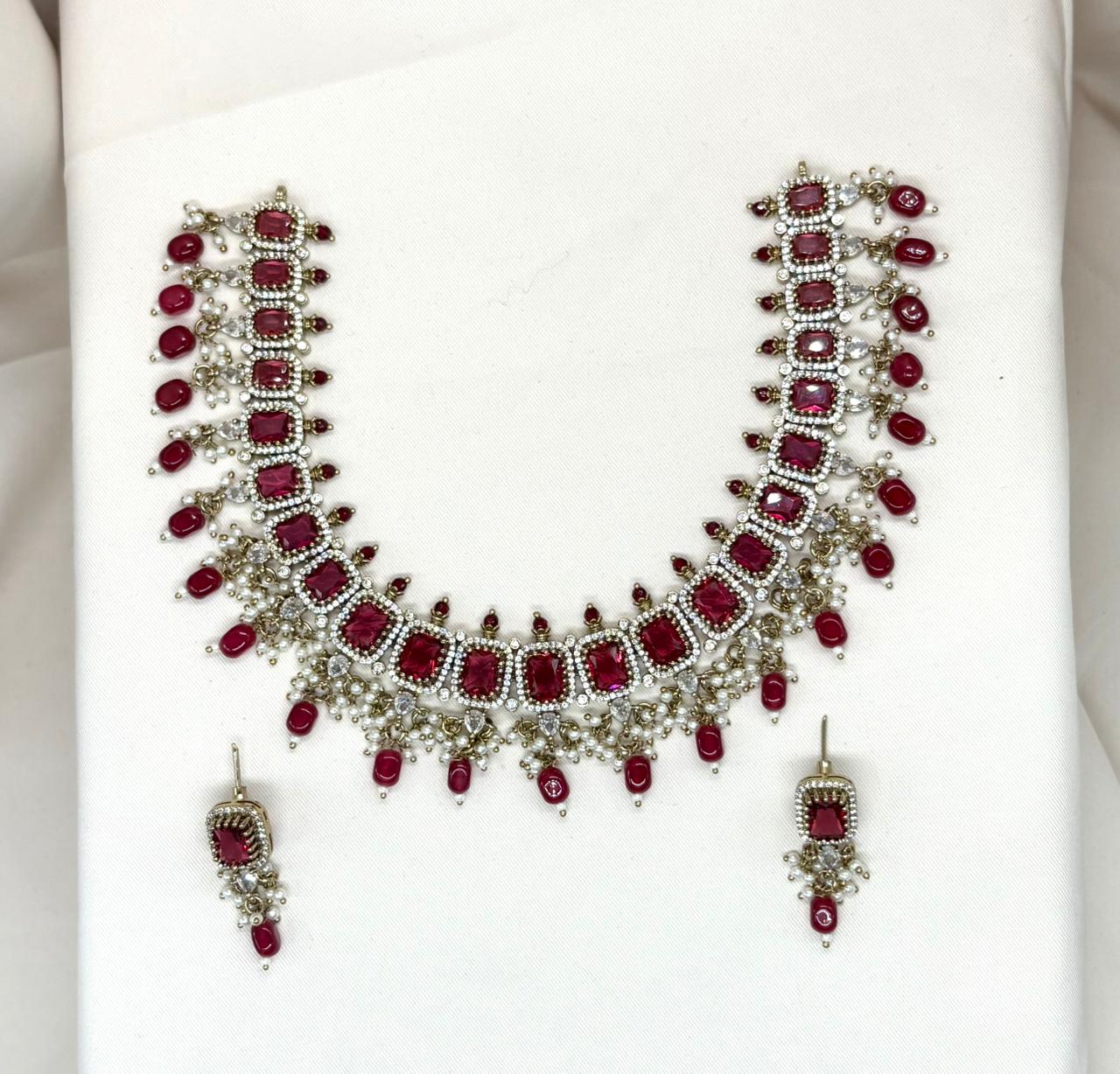 Victorian Short Necklace With Moissanite Red stone