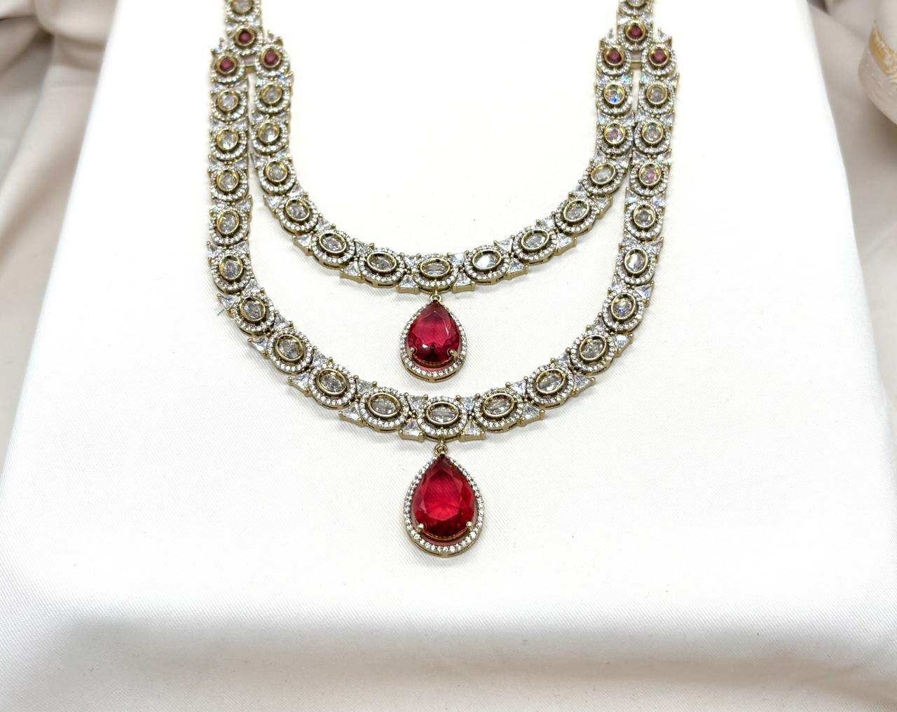 Victorian Two Steps With Red Stone Long Necklace