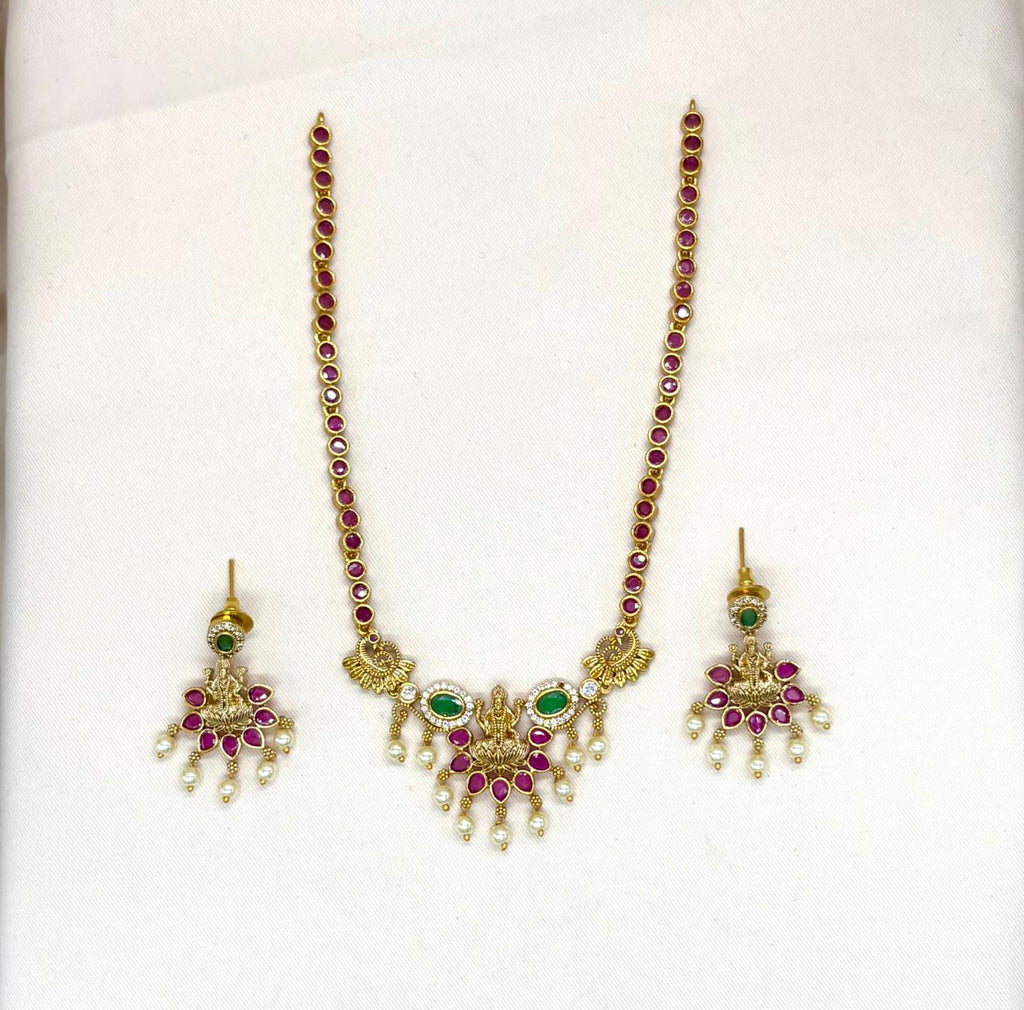 Matte finishing Pink Stones With Lord Lakshmi Short Necklace
