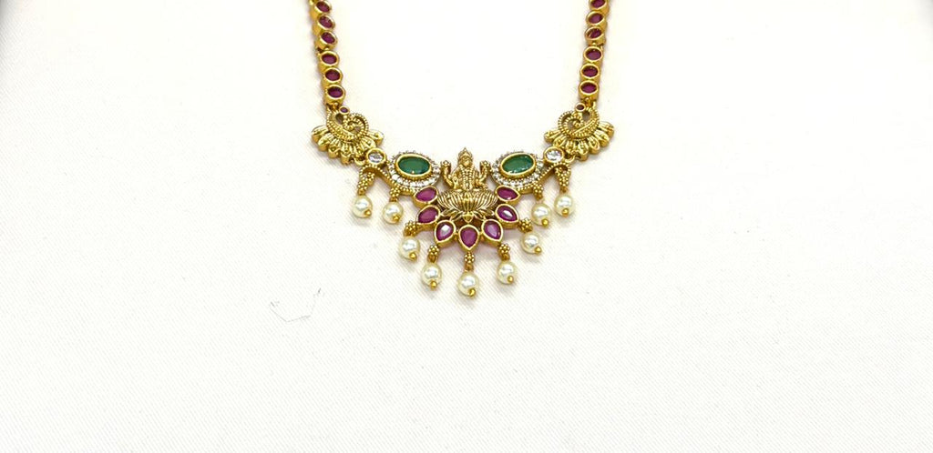 Matte finishing Pink Stones With Lord Lakshmi Short Necklace
