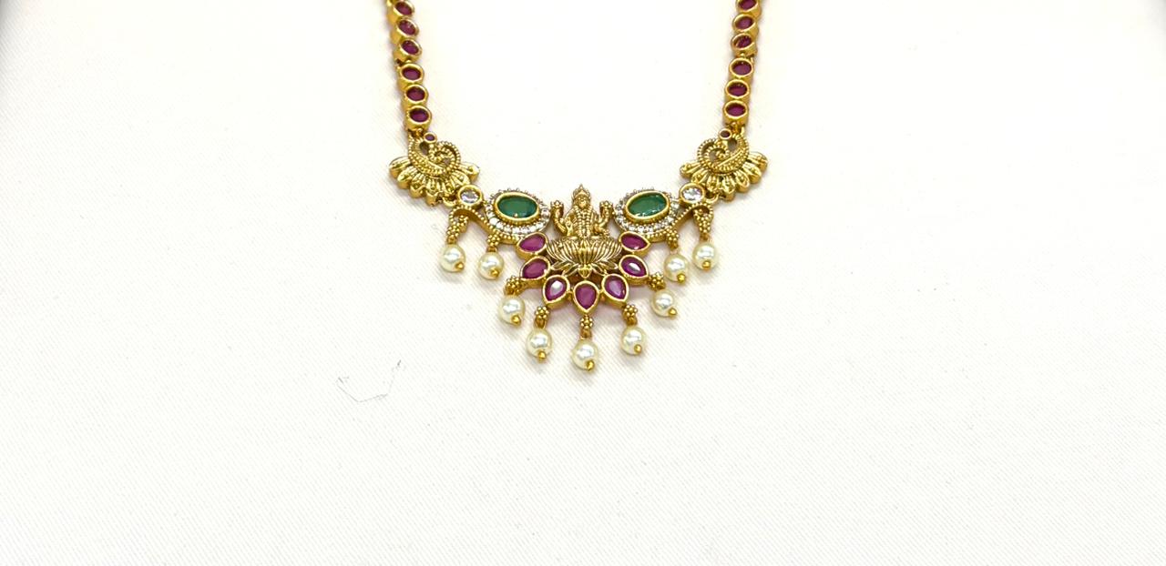 Matte finishing Pink Stones With Lord Lakshmi Short Necklace