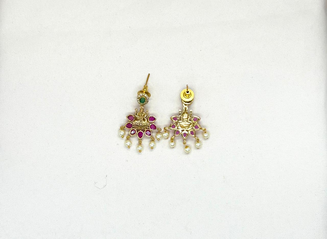 Matte finishing Pink Stones With Lord Lakshmi Short Necklace