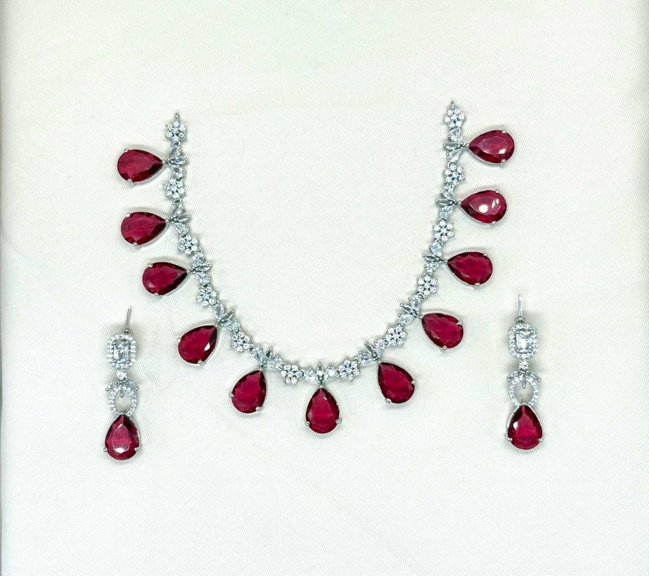 Silver AD Red Stones Short Necklace