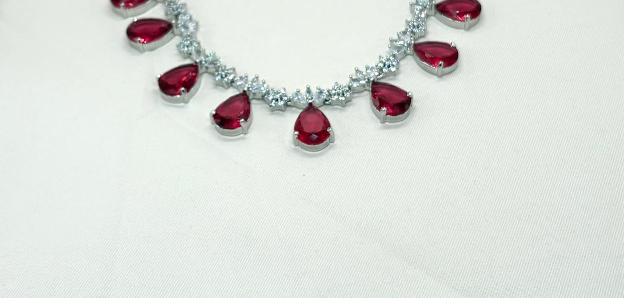 Silver AD Red Stones Short Necklace