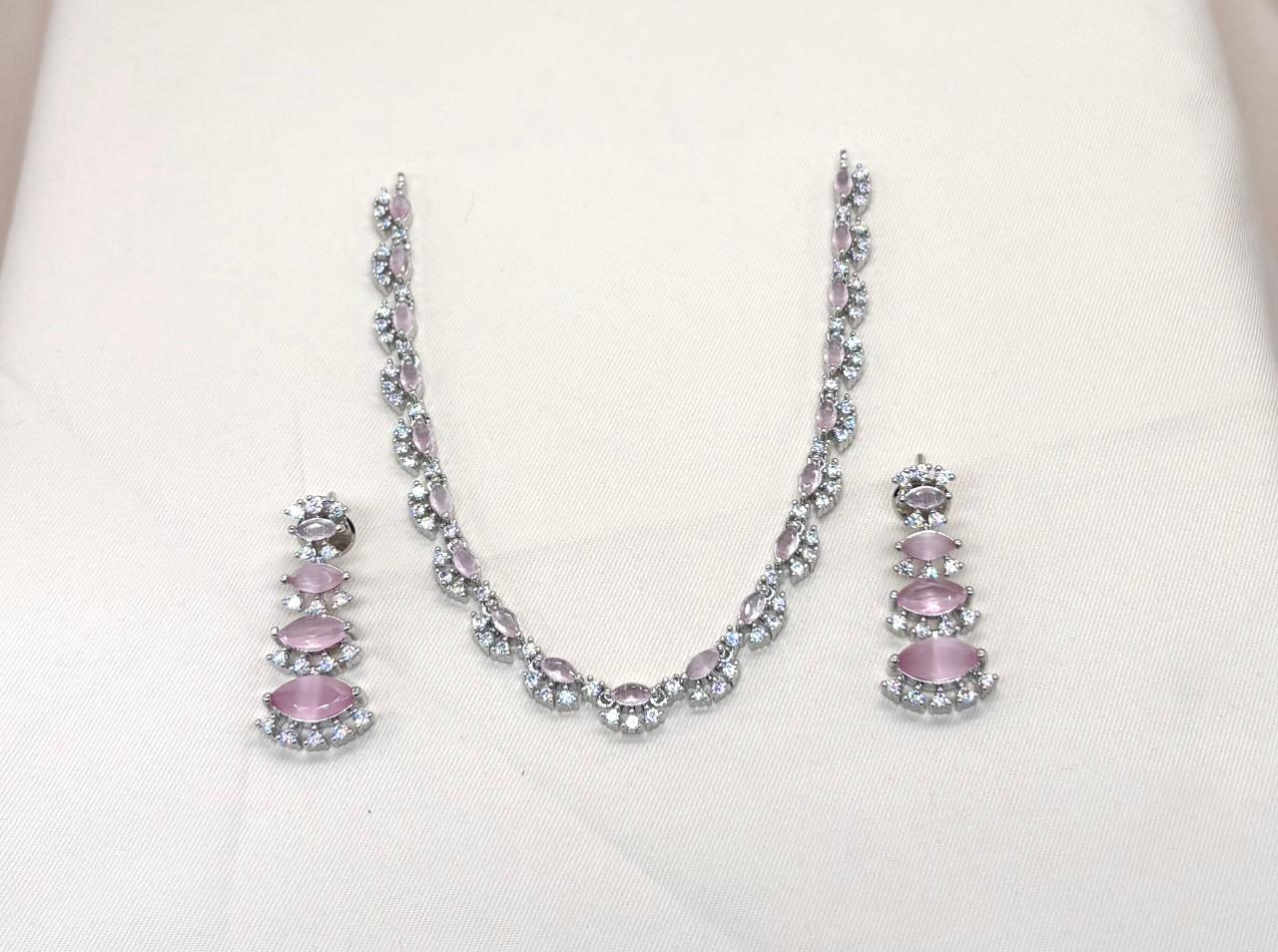 Silver finishing Baby-Pink Stone Short Necklace