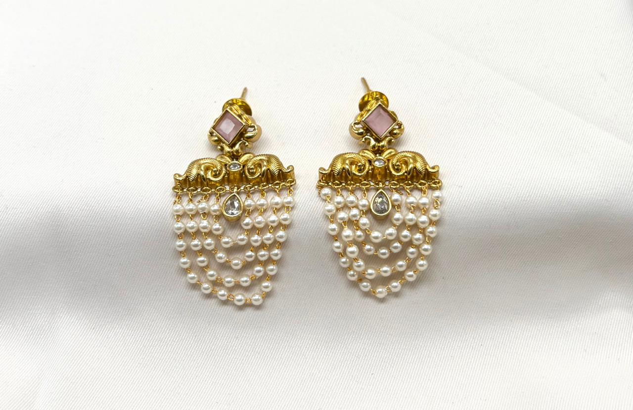 Matte finishing Pearls Hanging With Baby-Pink Stone Earring