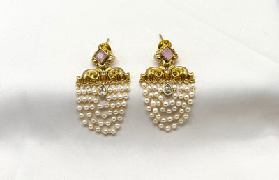 Matte finishing Pearls Hanging With Baby-Pink Stone Earring