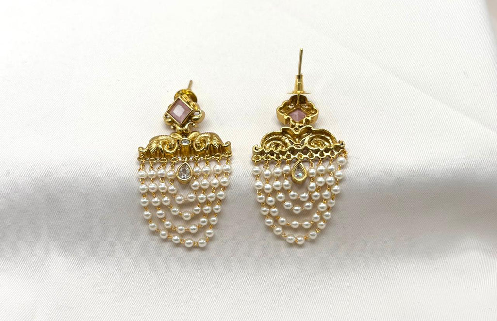 Matte finishing Pearls Hanging With Baby-Pink Stone Earring