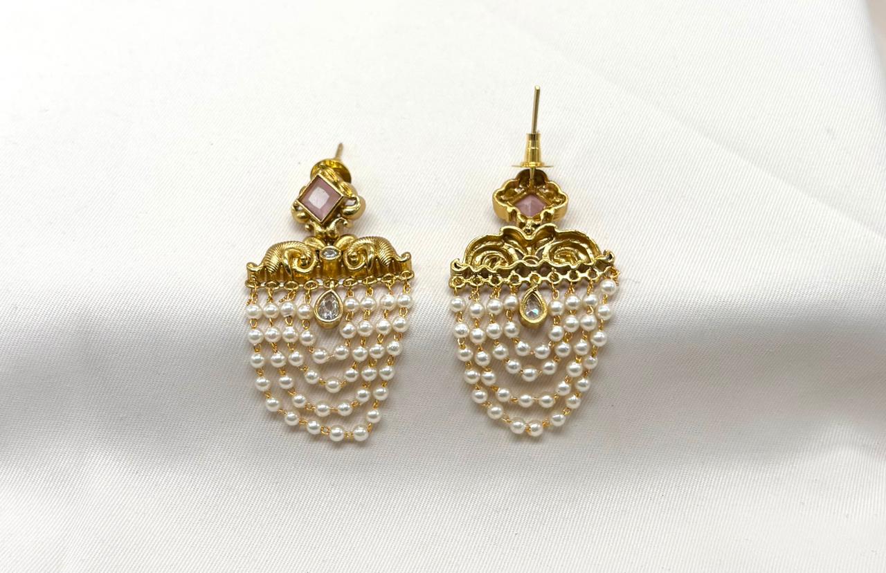 Matte finishing Pearls Hanging With Baby-Pink Stone Earring