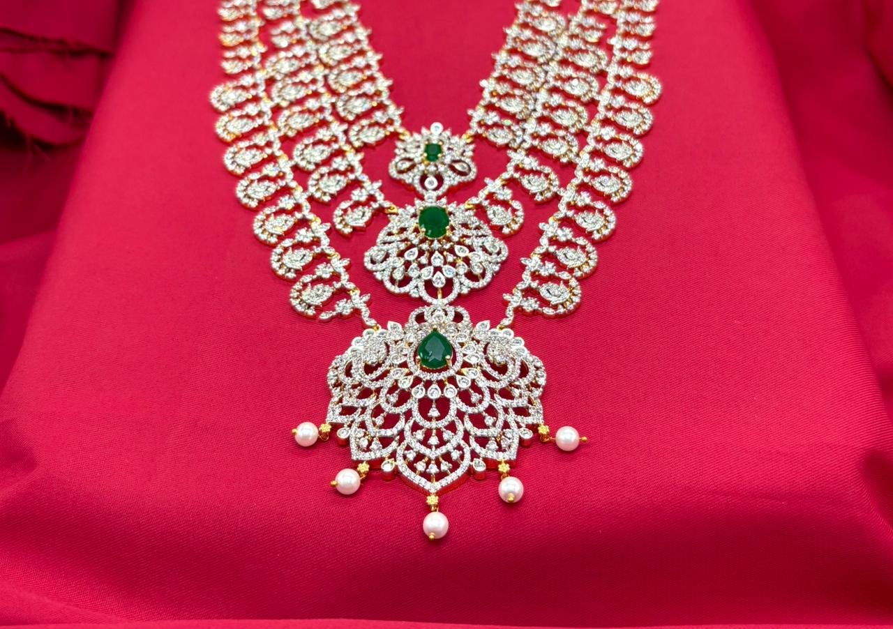 Gj polish Green Stones Three Layered Long Necklace