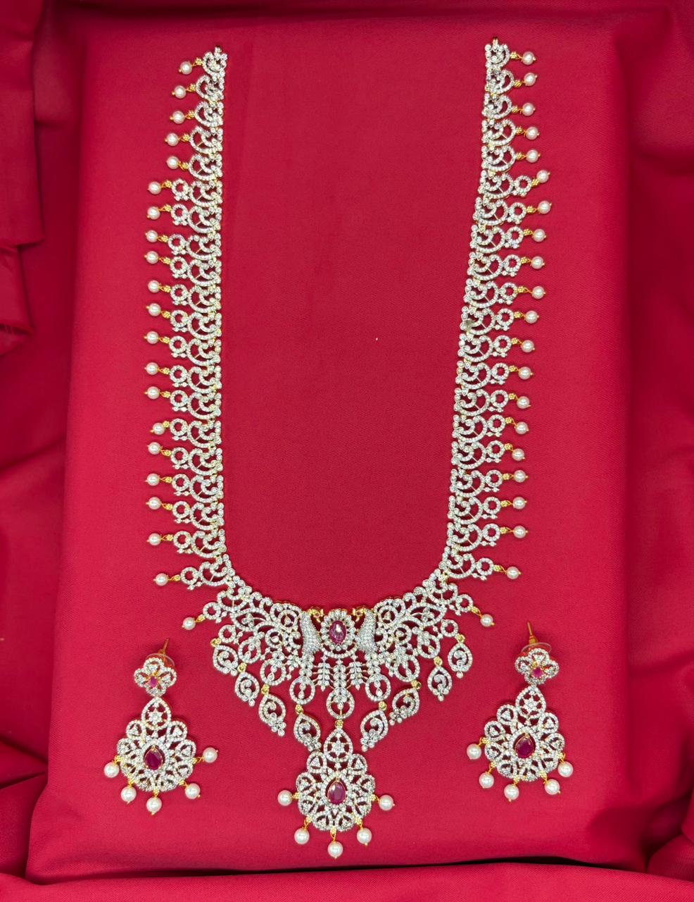 GJ Polishing White Pearls With Peacock Designed Long Necklace