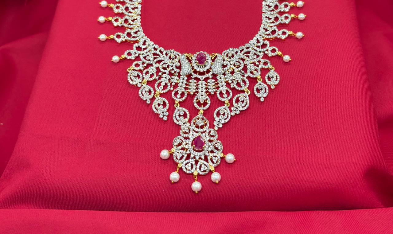 GJ Polishing White Pearls With Peacock Designed Long Necklace