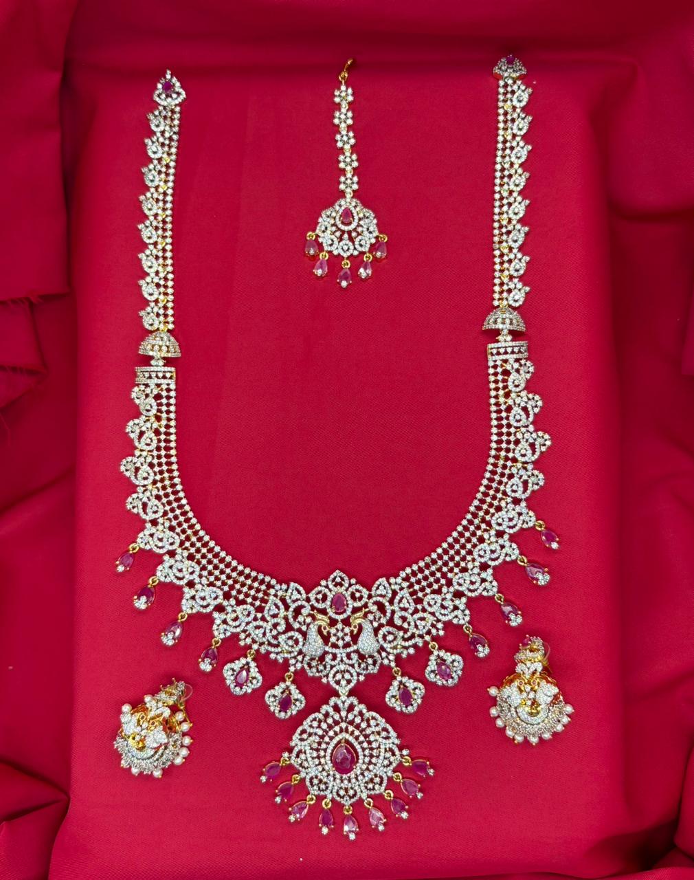 Gj polish Pink Stones With Maang Tikka Peacock Designed Long Necklace