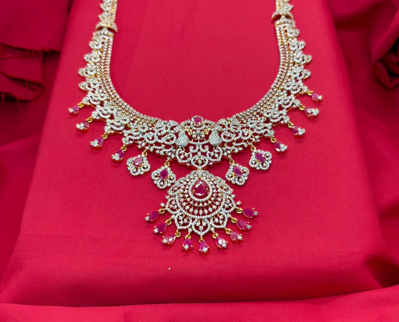 Gj polish Pink Stones With Maang Tikka Peacock Designed Long Necklace