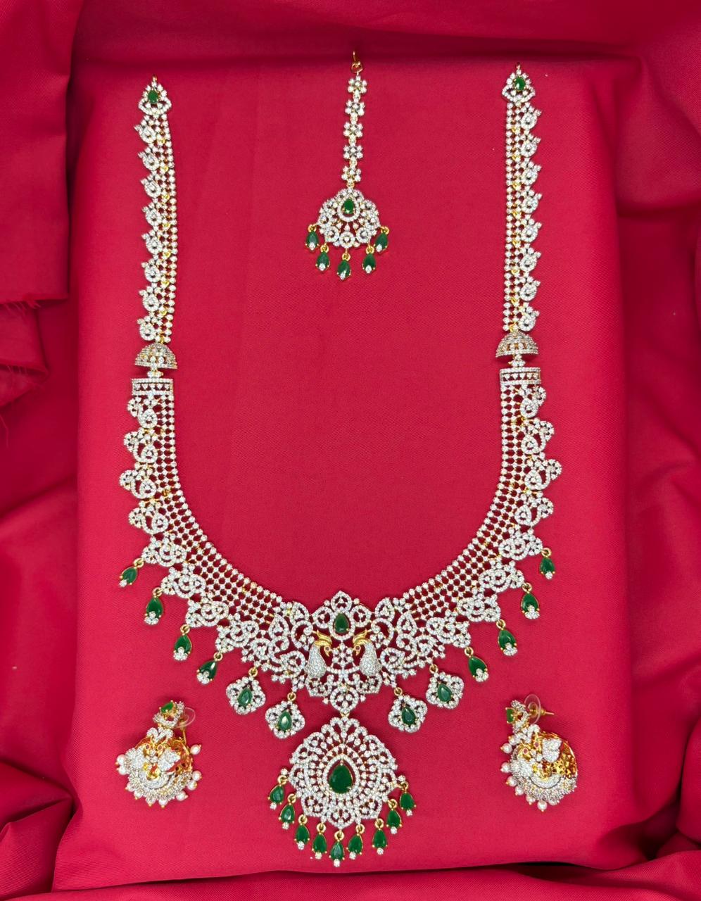 Gj polish Green Stones With Maang Tikka Peacock Designed Long Necklace