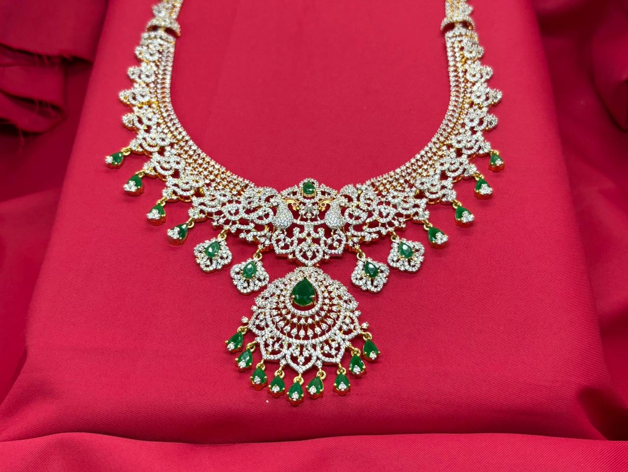 Gj polish Green Stones With Maang Tikka Peacock Designed Long Necklace