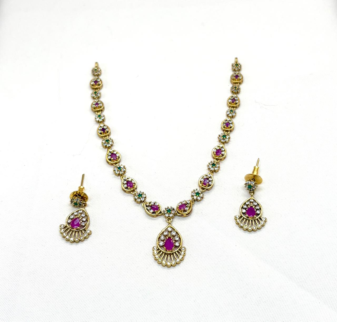 Gold finishing Pink Stones Short Necklace