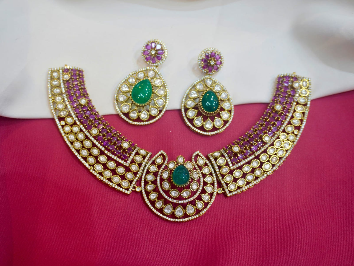 Premium Emerald Green Stone & Uncut-Style Choker Necklace Set