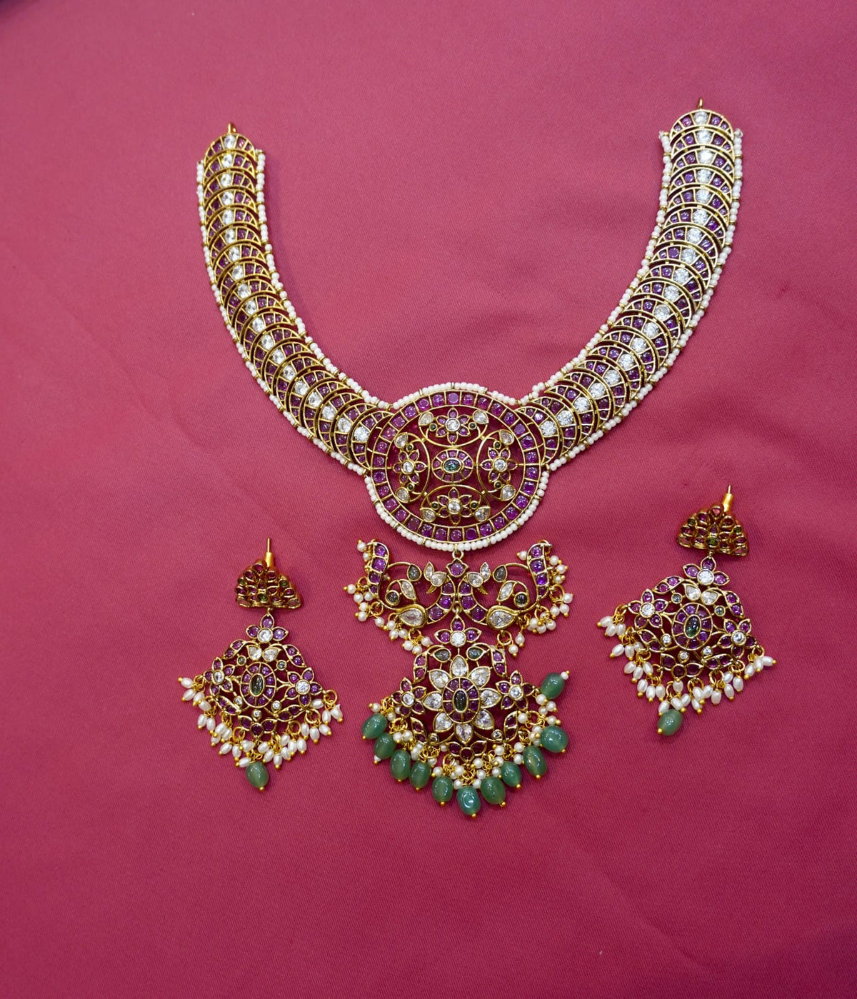 Premium Jadau Kundan Ruby-Pink Stone Necklace Set With Green Beads