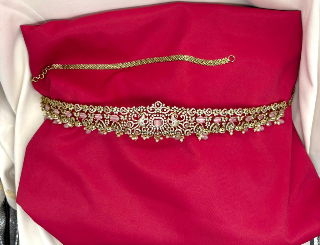 Victorian finishing with Pink stones and peacock deigned  Chain Vaddanam