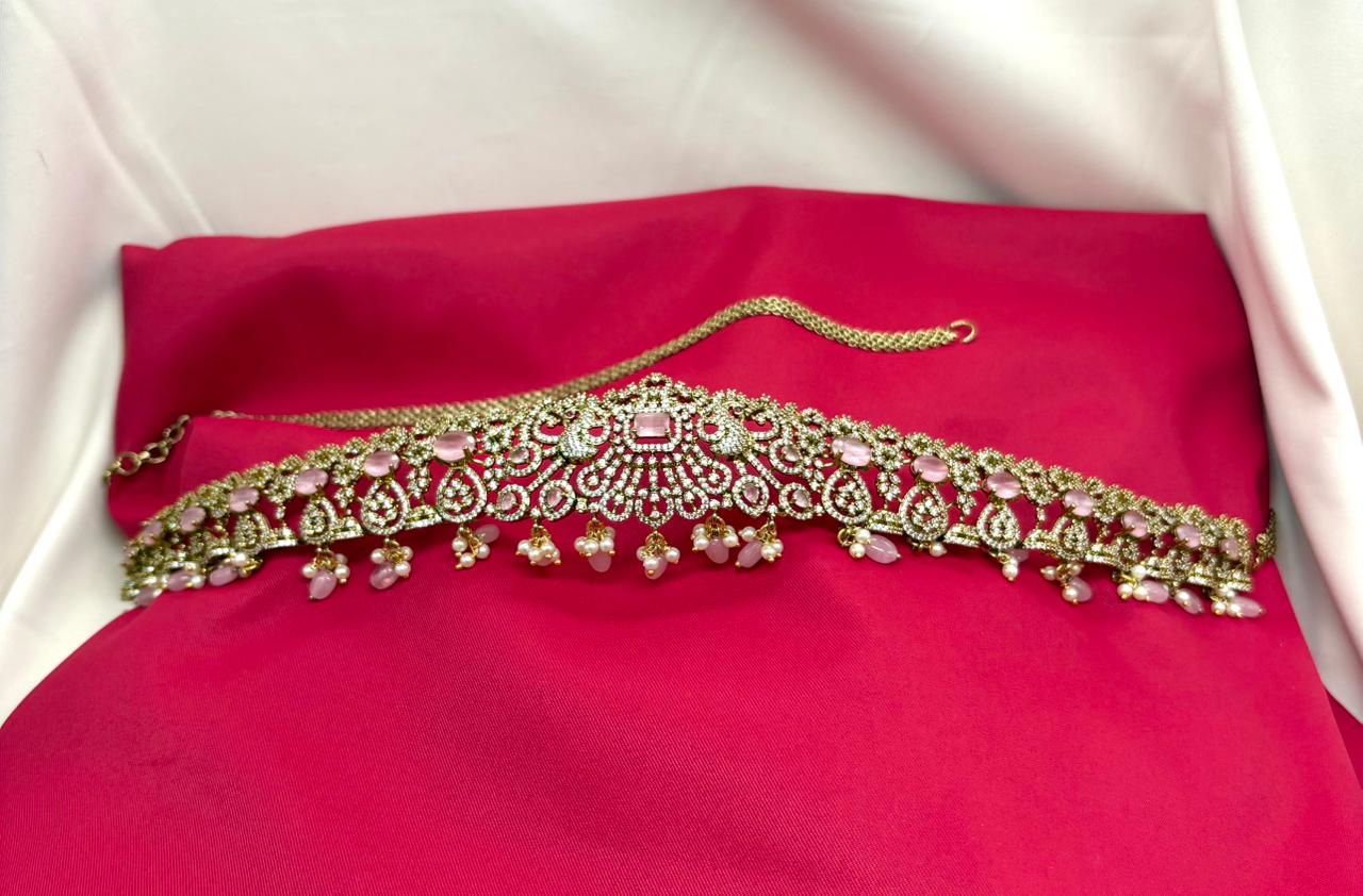 Victorian finishing with Pink stones and peacock deigned  Chain Vaddanam