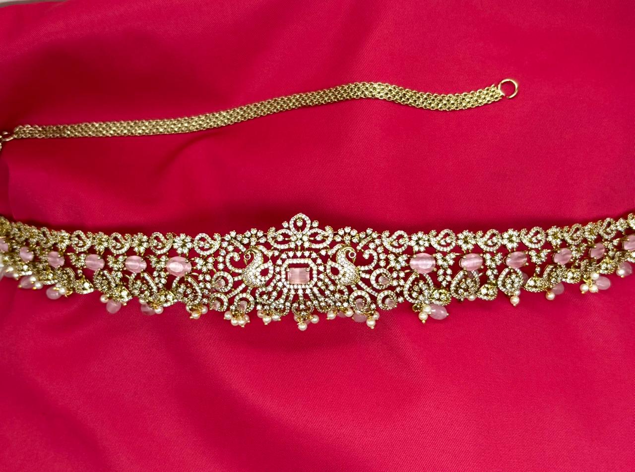 Victorian finishing with Pink stones and peacock deigned  Chain Vaddanam