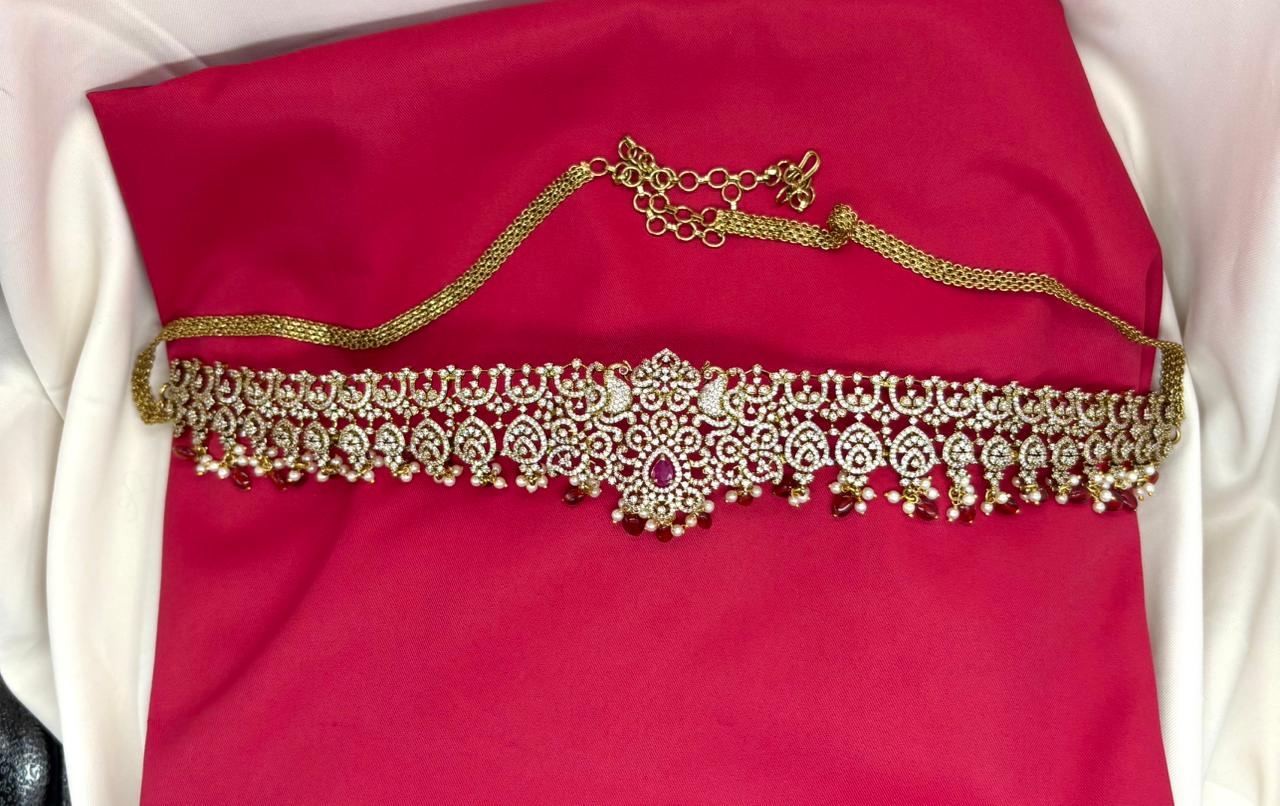 Victorian finishing with Maroon stones and peacock deigned  Chain Vaddanam