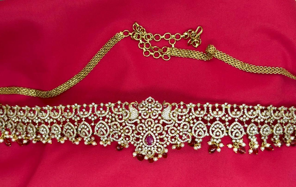 Victorian finishing with Maroon stones and peacock deigned  Chain Vaddanam