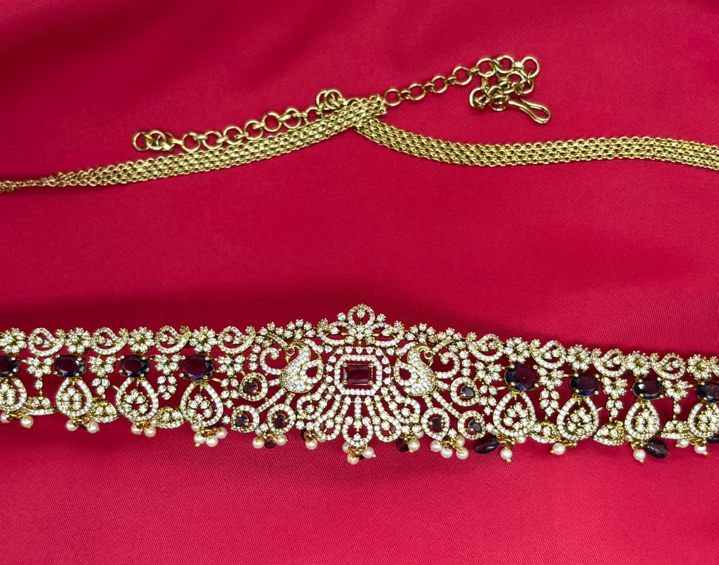 Victorian finishing with Purple stones and peacock deigned  Chain Vaddanam