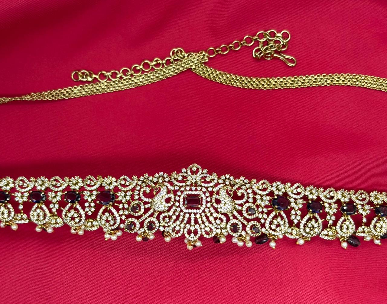 Victorian finishing with Purple stones and peacock deigned  Chain Vaddanam