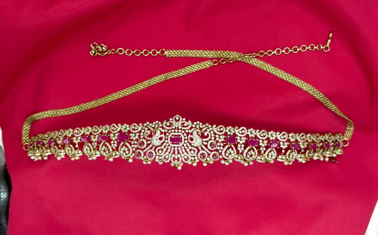 Victorian finishing with pink stones and peacock deigned  Chain Vaddanam