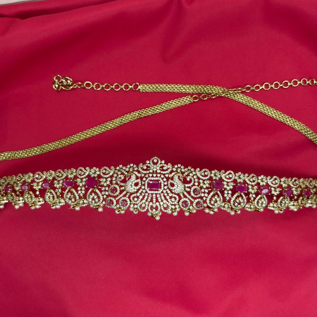 Victorian finishing with pink stones and peacock deigned  Chain Vaddanam