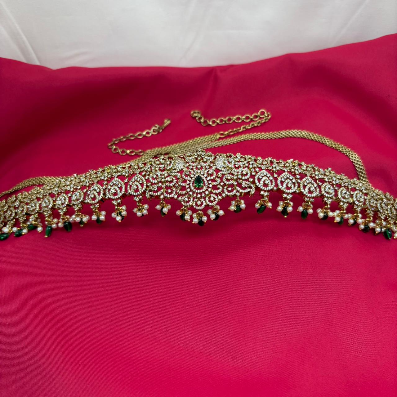 Victorian finishing with Green stones and peacock deigned Chain  Vaddanam