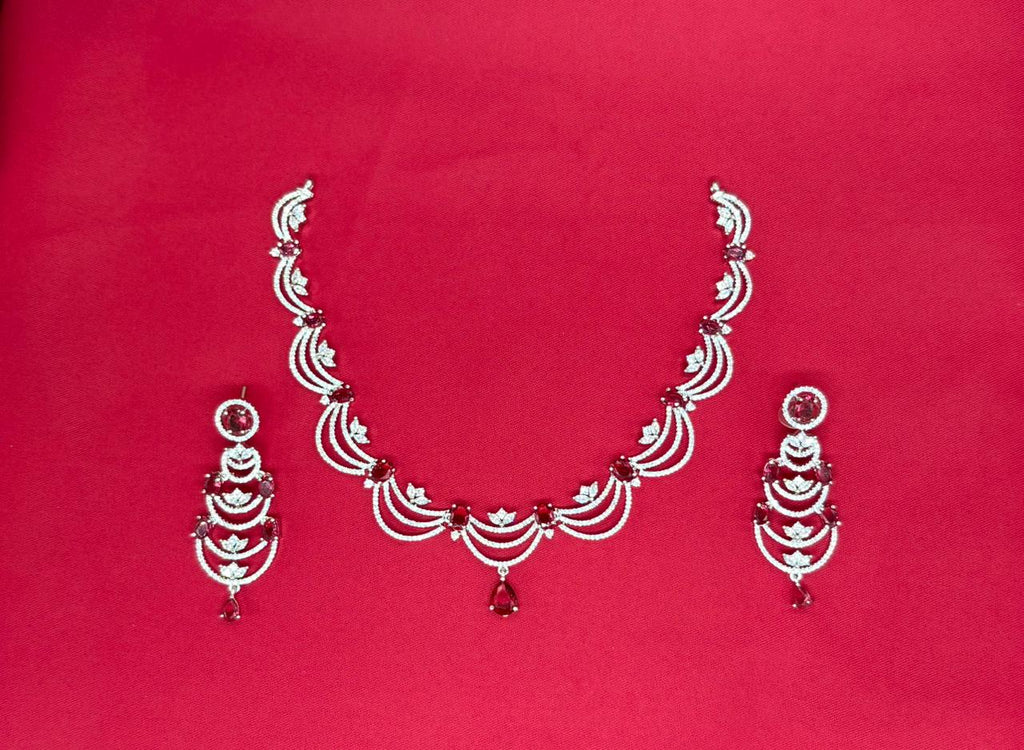 Silver Short Necklace with Red stones