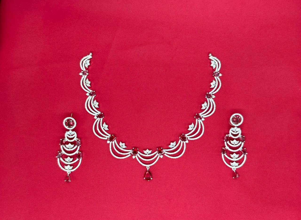 Silver Short Necklace with Red stones