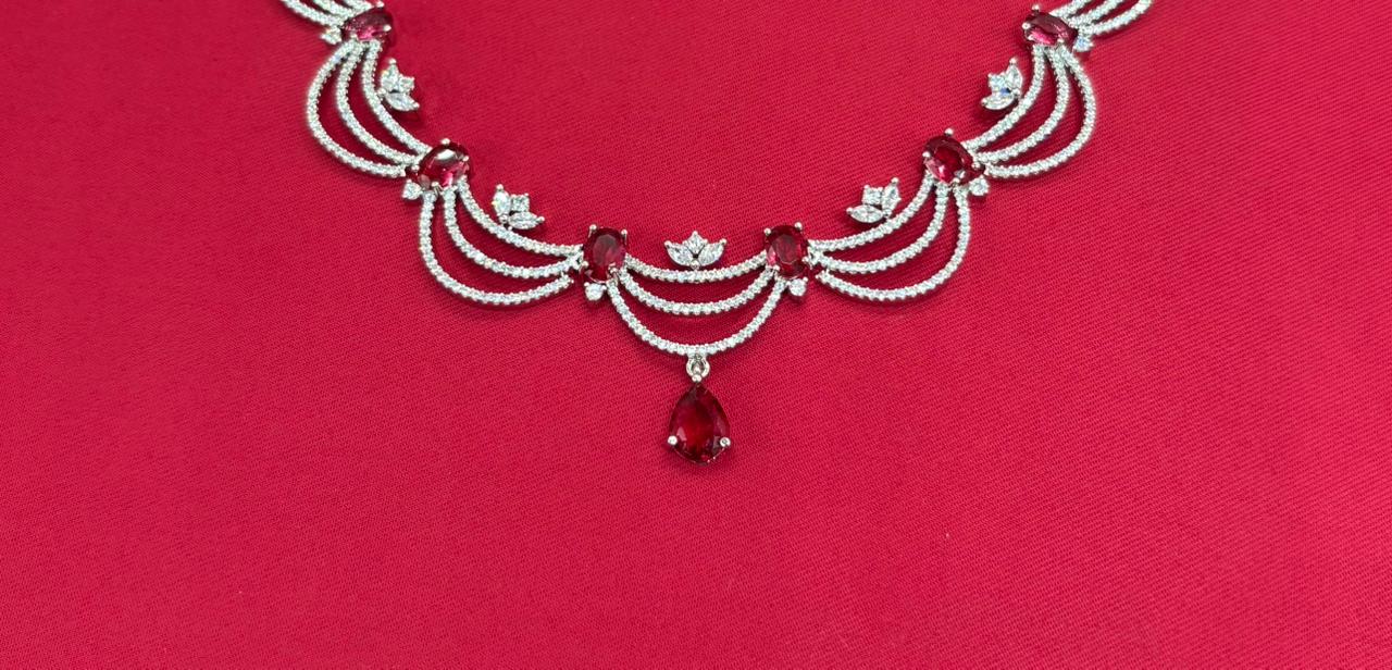 Silver Short Necklace with Red stones