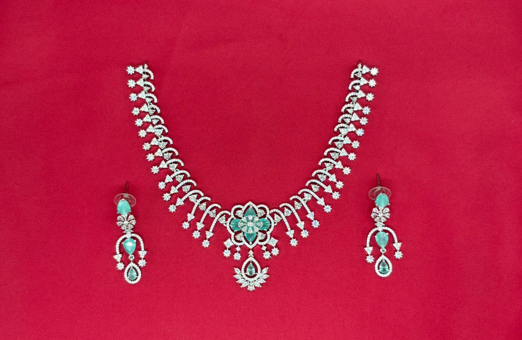 Silver Short Necklace with Flower designed Mint-Green