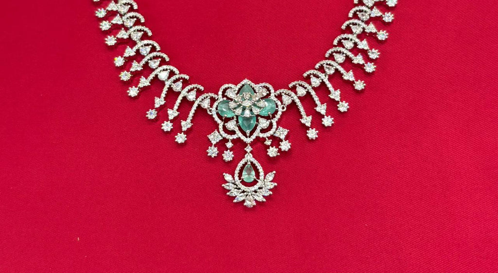 Silver Short Necklace with Flower designed Mint-Green