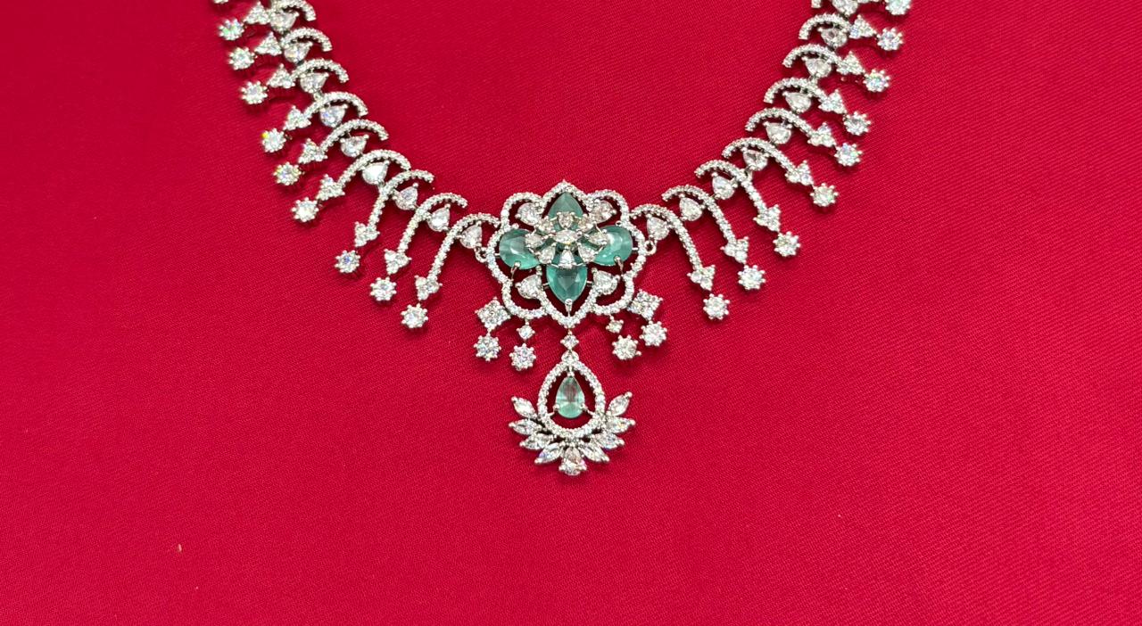 Silver Short Necklace with Flower designed Mint-Green
