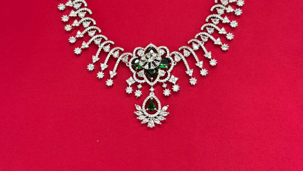 Silver Short Necklace with Flower designed Green