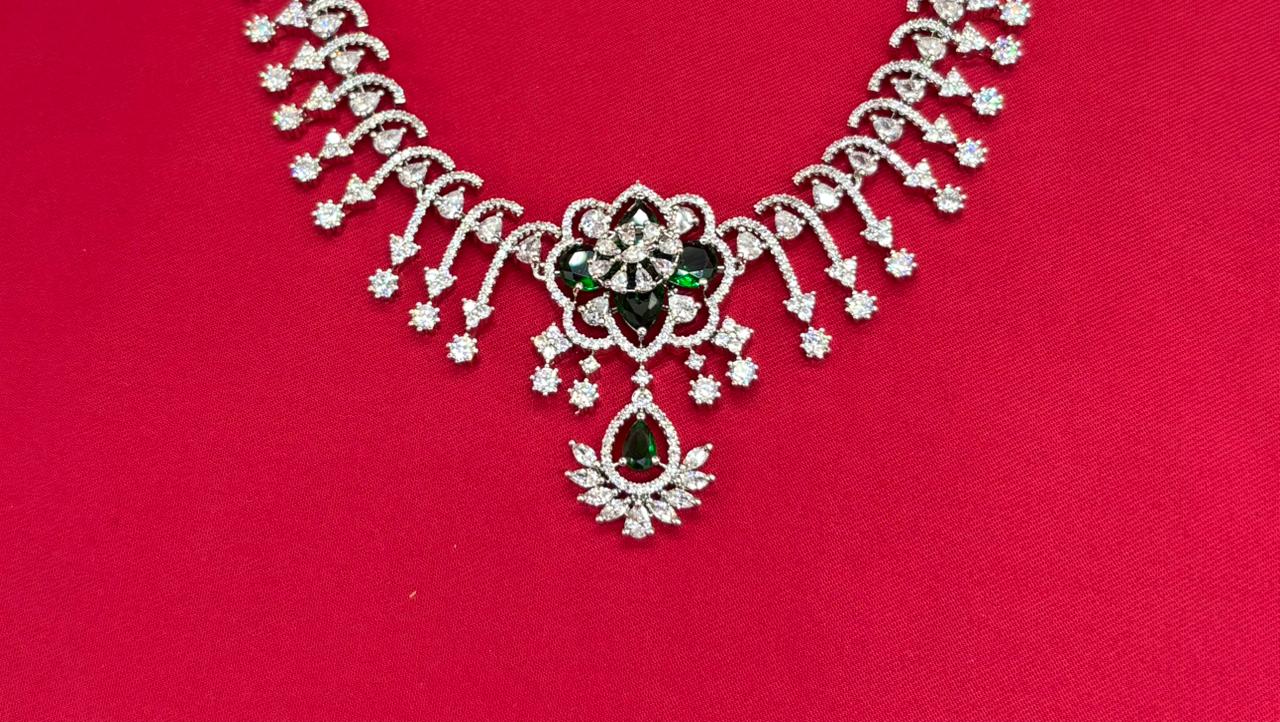 Silver Short Necklace with Flower designed Green