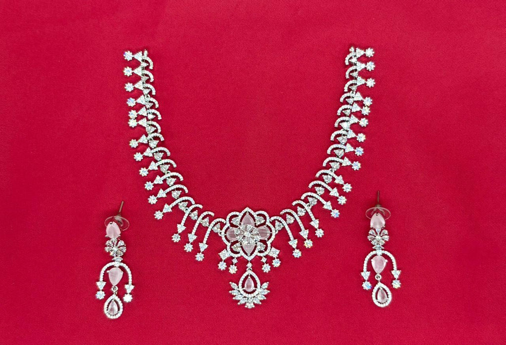 Silver Short Necklace with Flower designed Baby-Pink